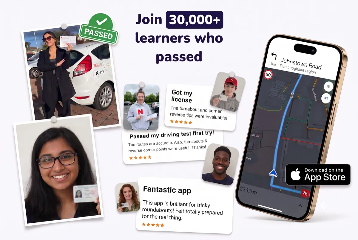 Learners celebrating passing their driving test with 5-star reviews, next to the Driving Test Routes Ireland app showing test route navigation